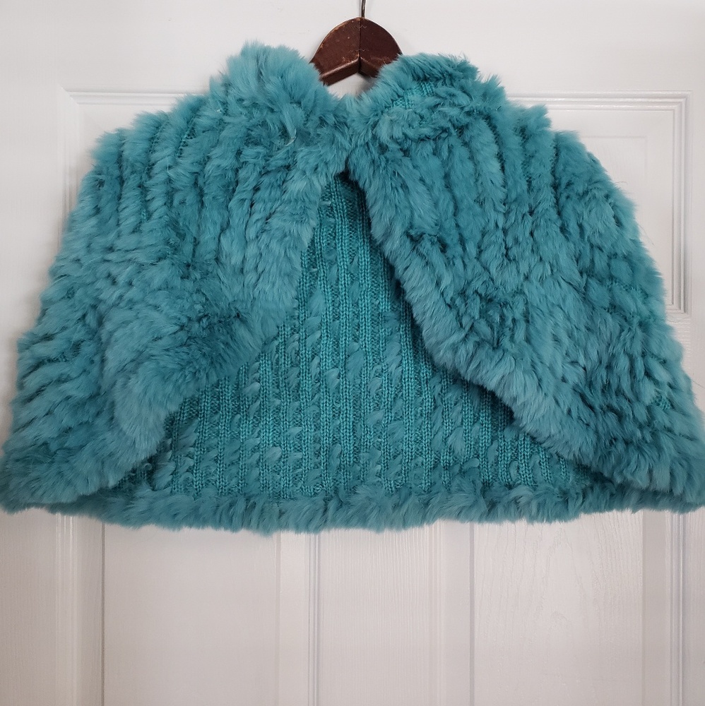 BCBG MAXAZRIA turquoise rabbit fur shrug